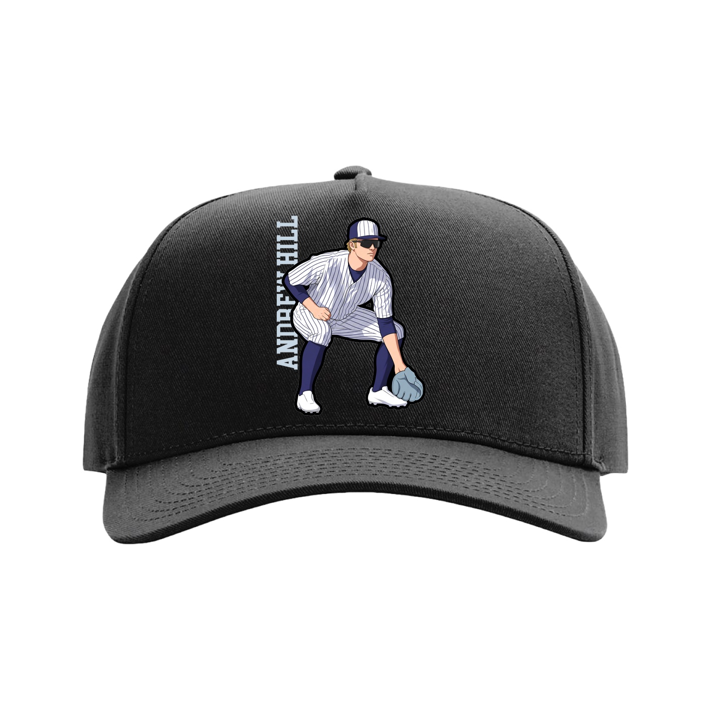 Full Fabric Five-Panel Champ Cap — Name Vertical in Black