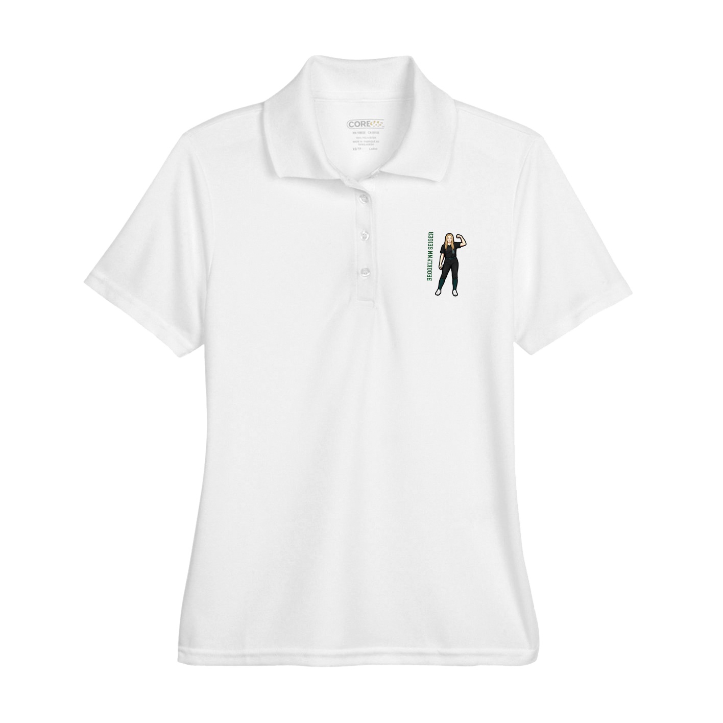 Womens Performance Polo — Name Vertical in White