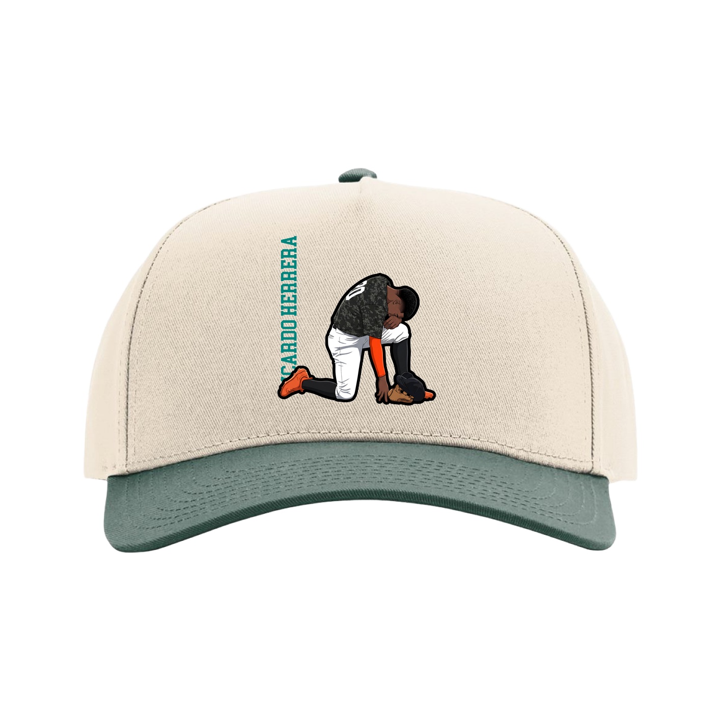 Full Fabric Five-Panel Champ Cap — Name Vertical in Cream/Green