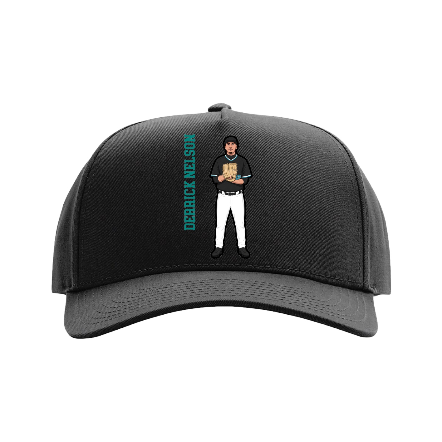 Full Fabric Five-Panel Champ Cap — Name Vertical in Black