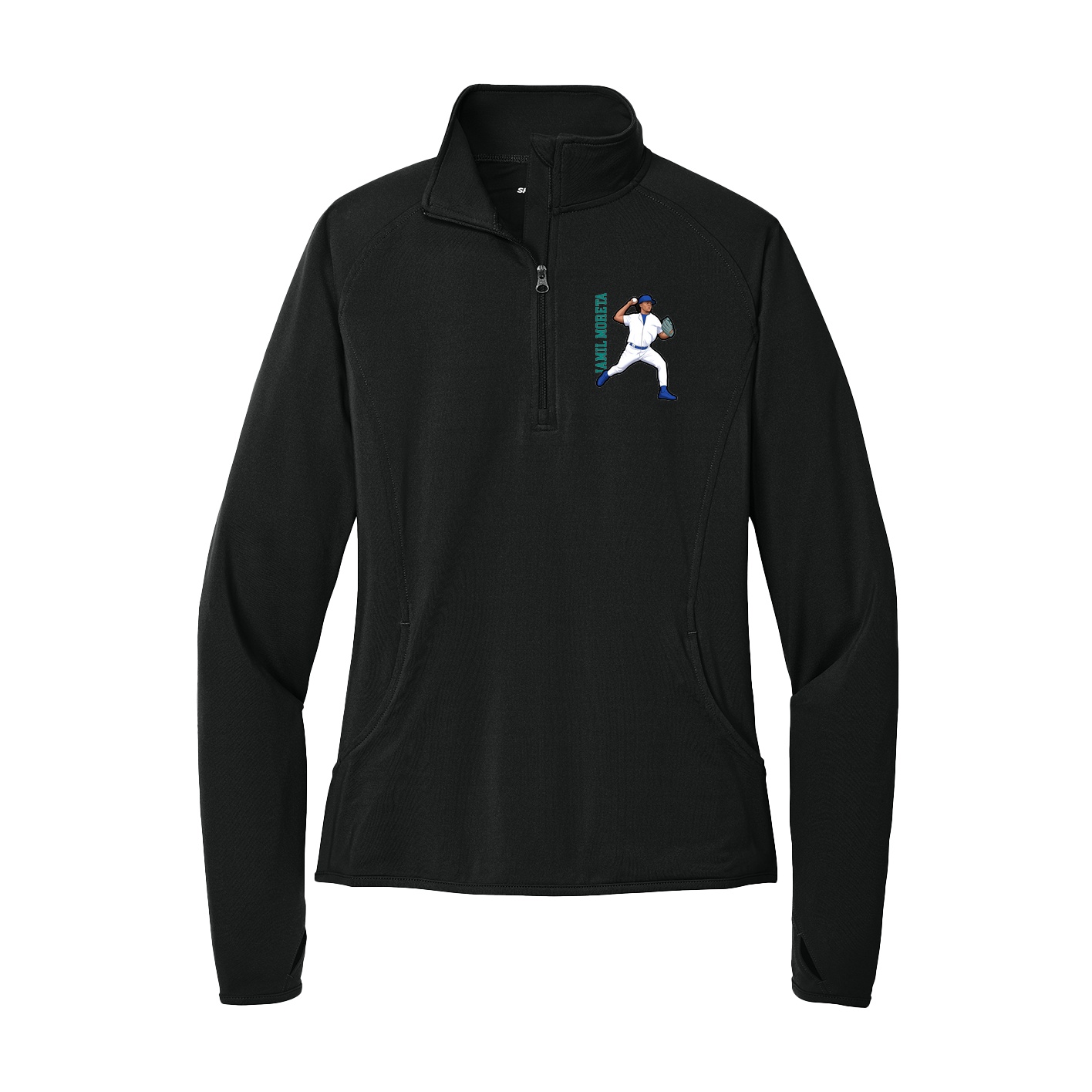 Women's Q-Zip Pullover — Name Vertical in Black