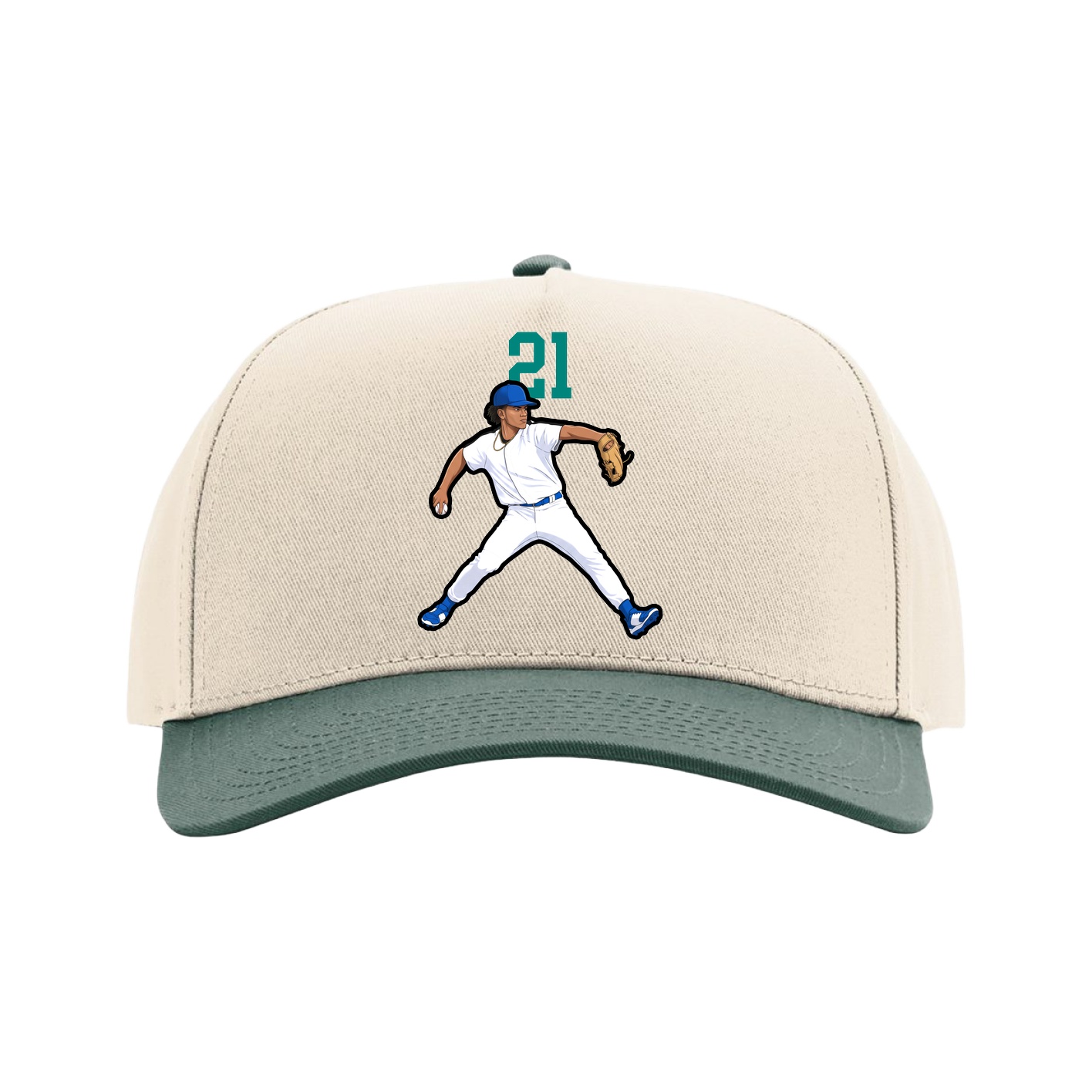 Full Fabric Five-Panel Champ Cap — Number Top in Cream/Green