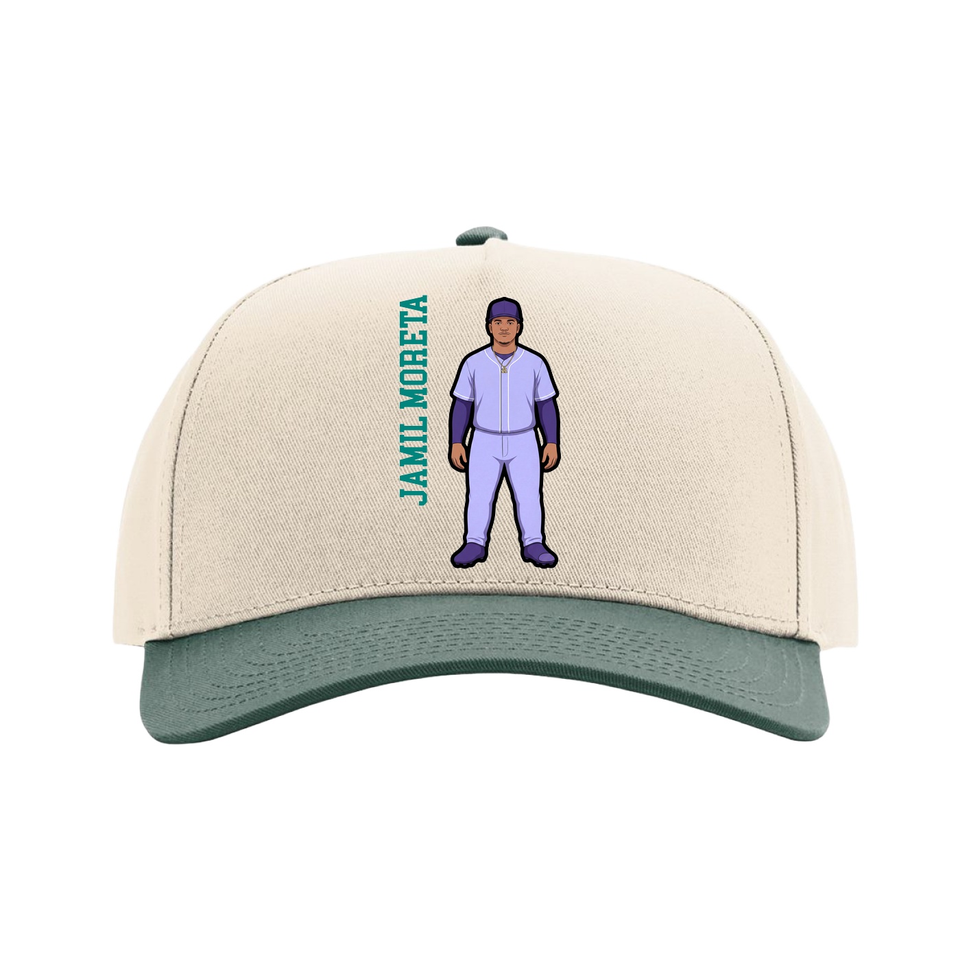 Full Fabric Five-Panel Champ Cap — Name Vertical in Cream/Green
