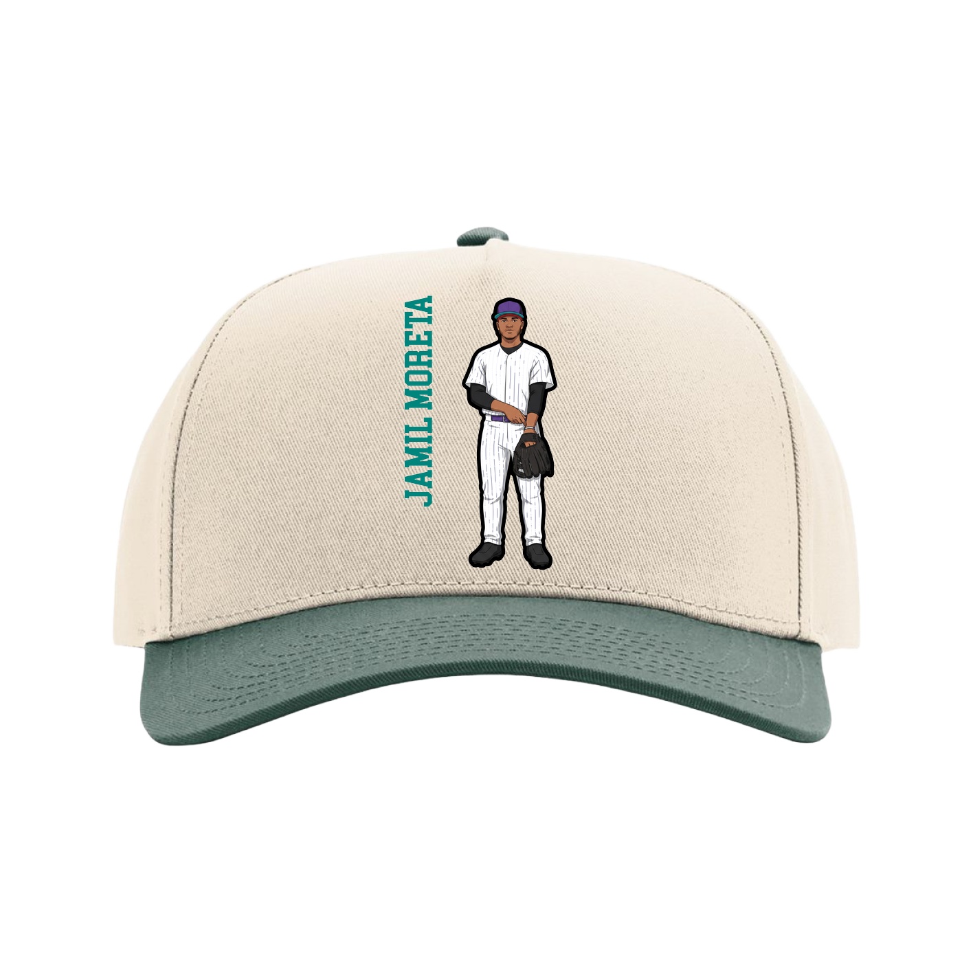 Full Fabric Five-Panel Champ Cap — Name Vertical in Cream/Green