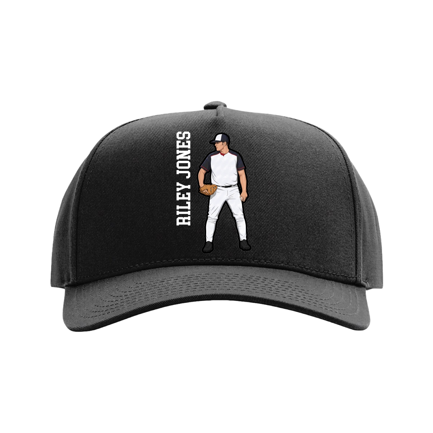 Full Fabric Five-Panel Champ Cap — Name Vertical in Black