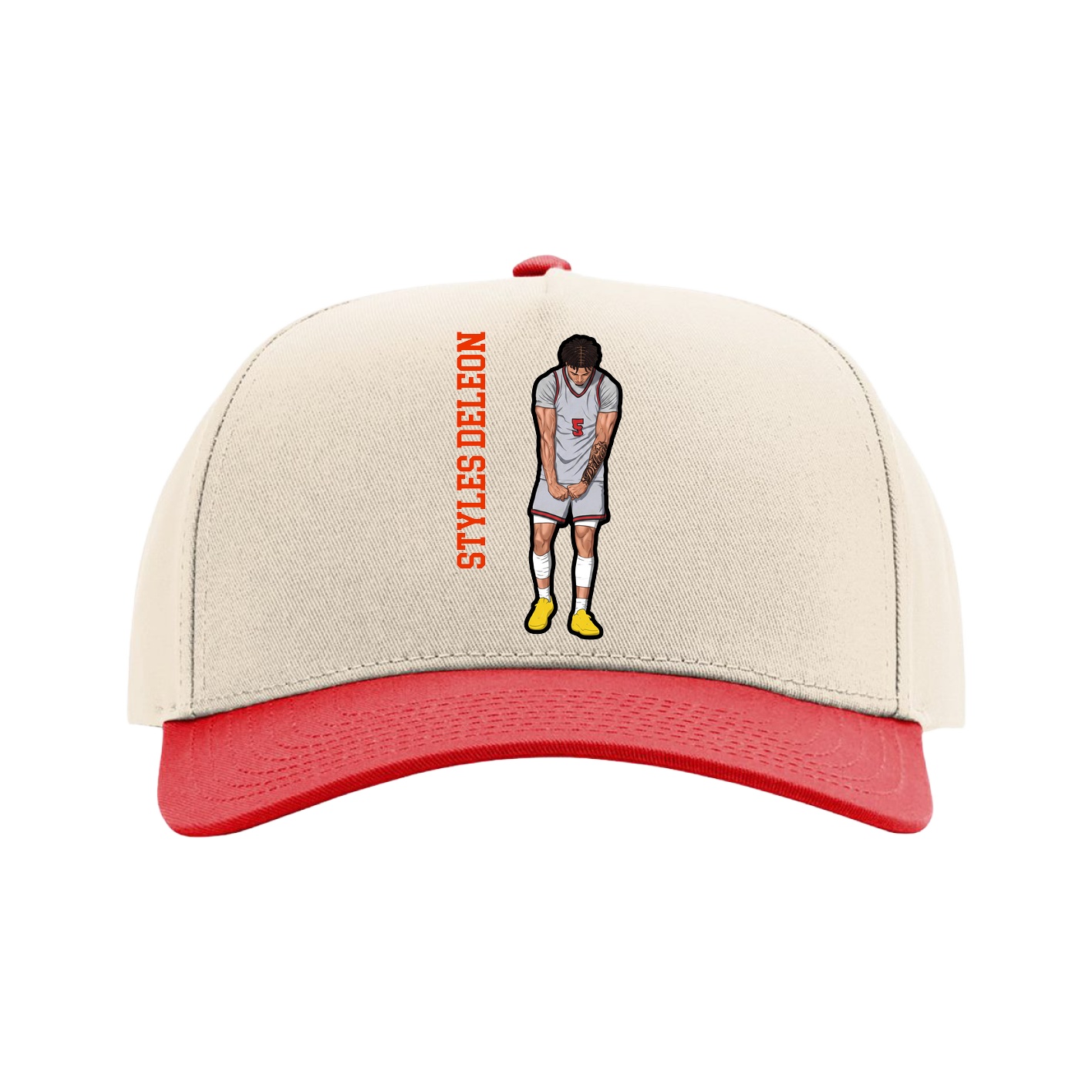 Full Fabric Five-Panel Champ Cap — Name Vertical in Cream/Red
