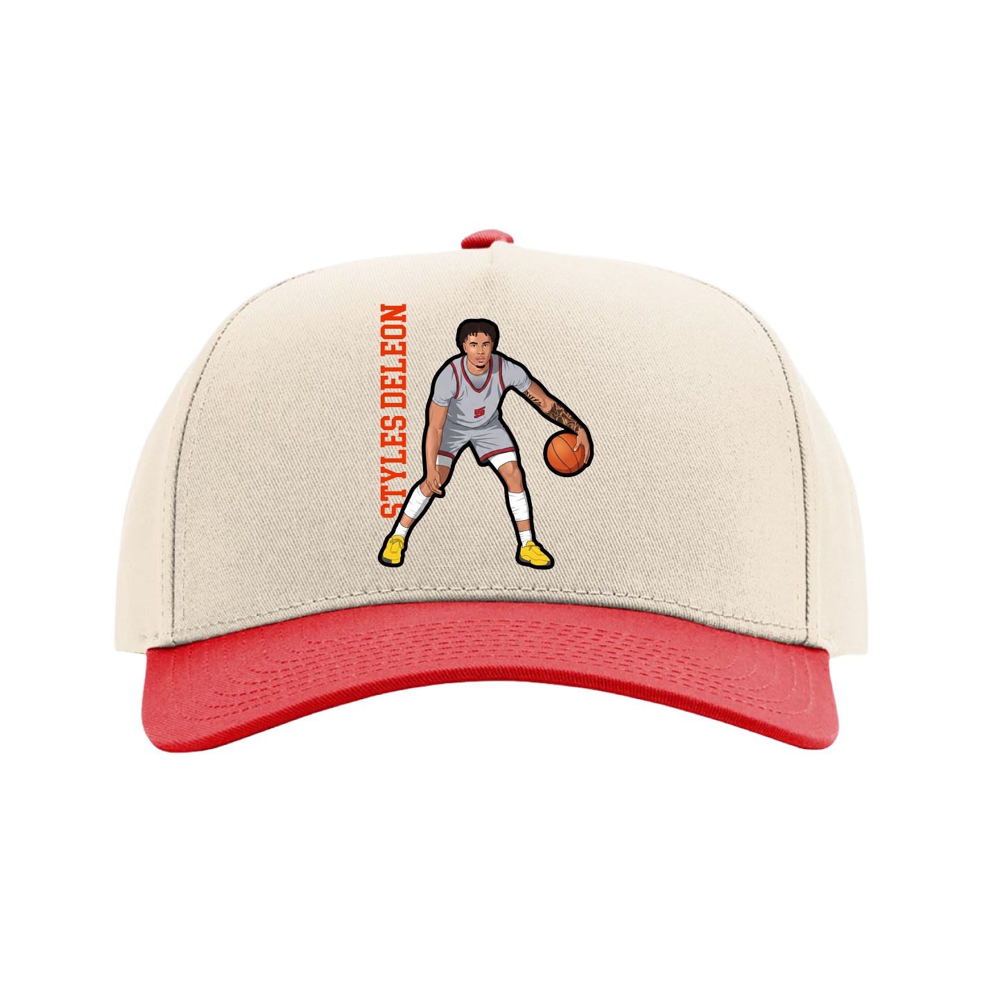 Full Fabric Five-Panel Champ Cap — Name Vertical in Cream/Red