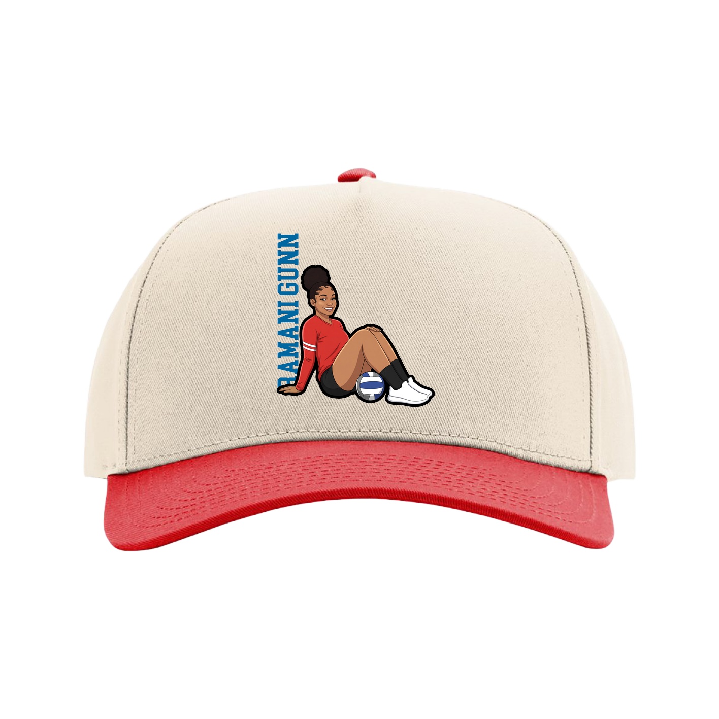 Full Fabric Five-Panel Champ Cap — Name Vertical in Cream/Red