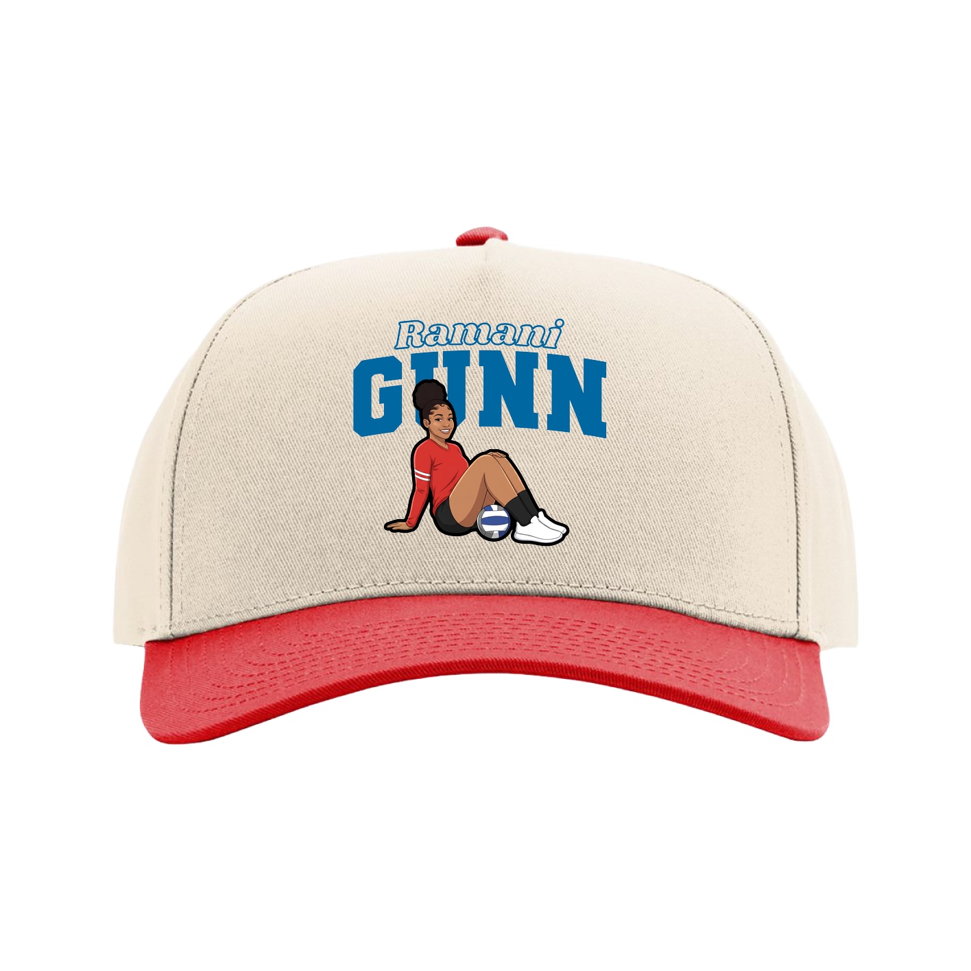Full Fabric Five-Panel Champ Cap — Name Arch in Cream/Red