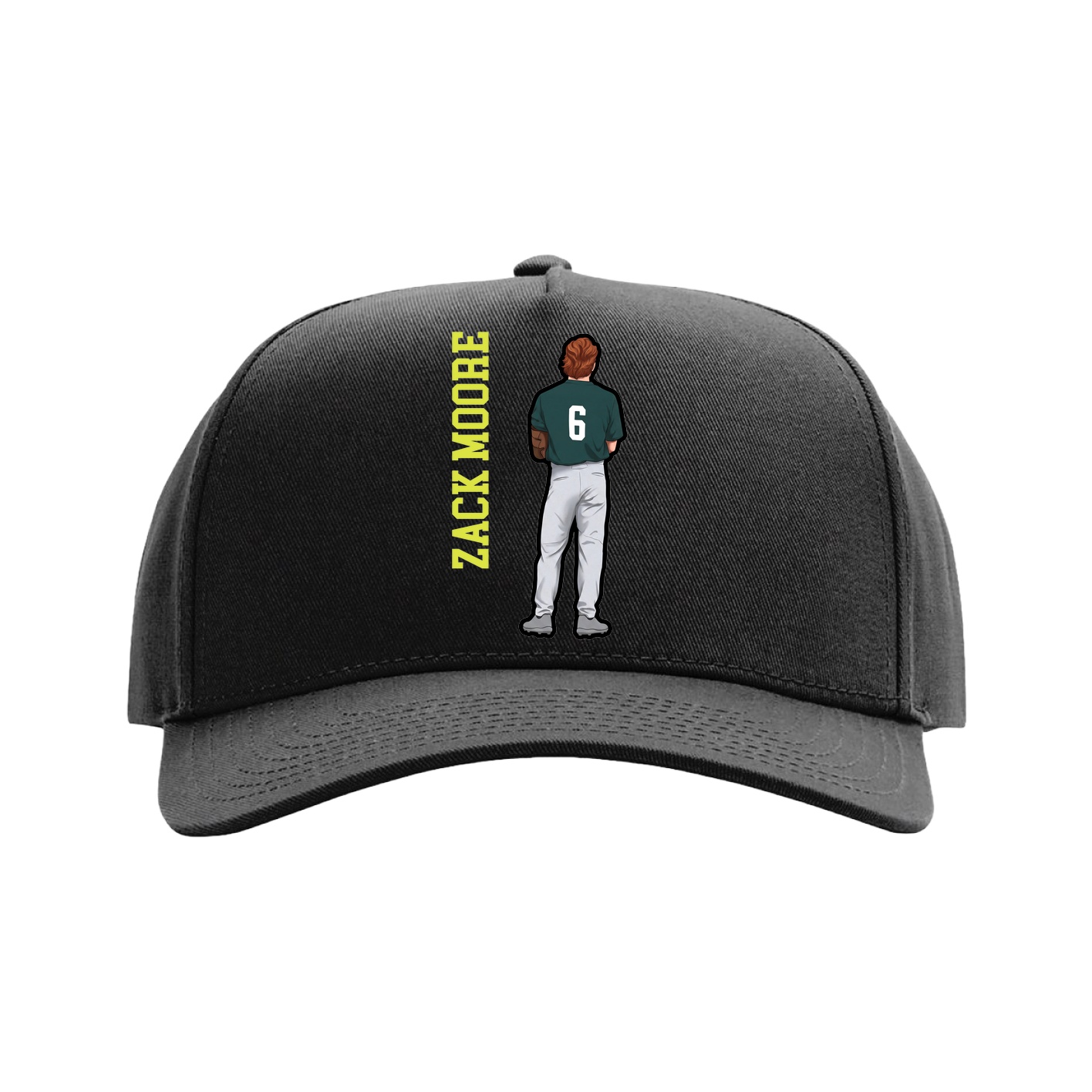Full Fabric Five-Panel Champ Cap — Name Vertical in Black