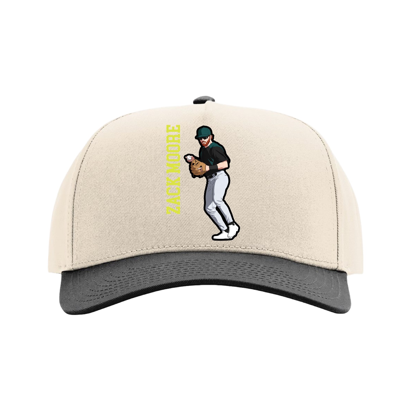 Full Fabric Five-Panel Champ Cap — Name Vertical in Cream/Black