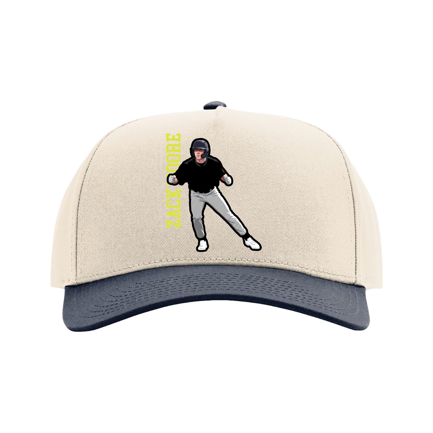 Full Fabric Five-Panel Champ Cap — Name Vertical in Cream/Navy