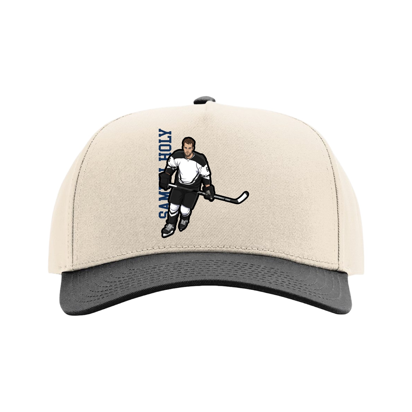 Full Fabric Five-Panel Champ Cap — Name Vertical in Cream/Black