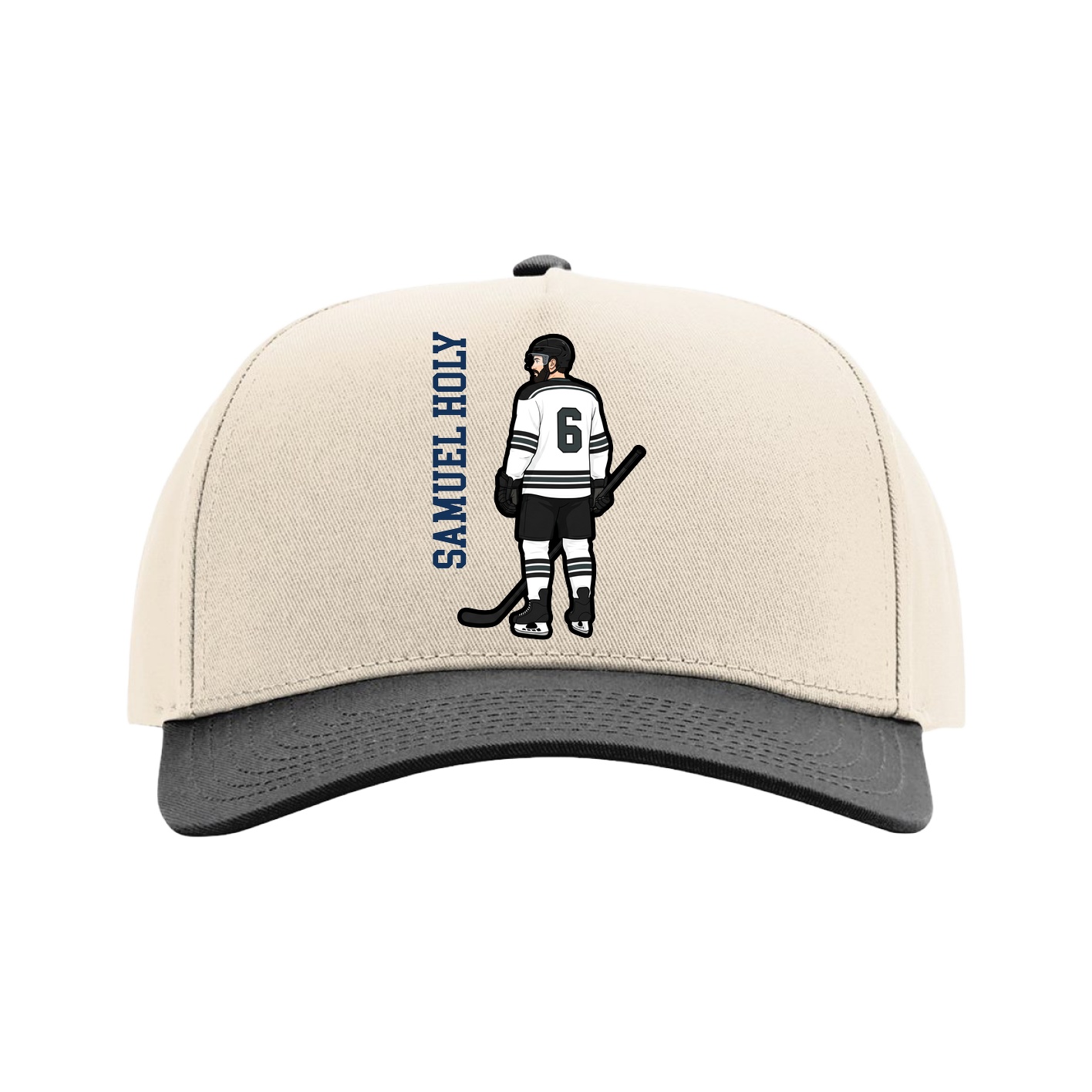 Full Fabric Five-Panel Champ Cap — Name Vertical in Cream/Black