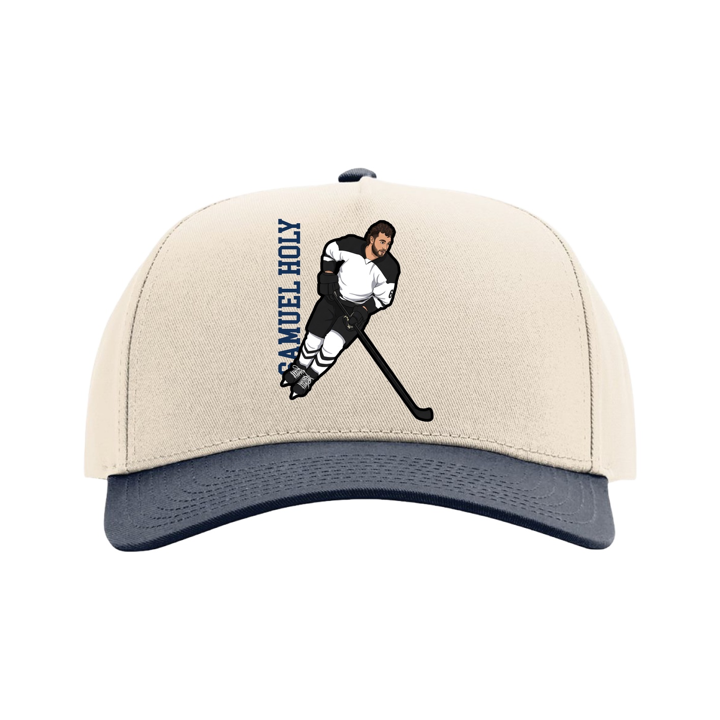 Full Fabric Five-Panel Champ Cap — Name Vertical in Cream/Navy