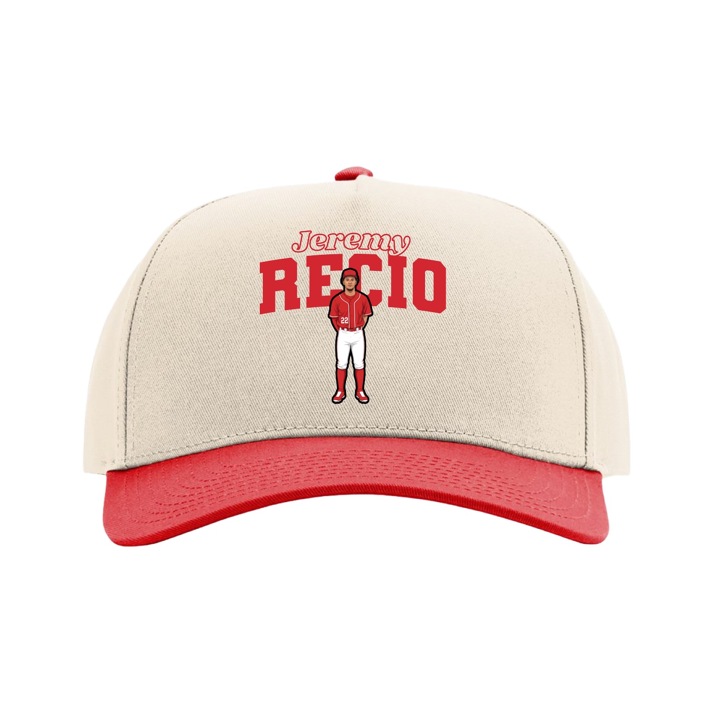 Full Fabric Five-Panel Champ Cap — Name Arch in Cream/Red