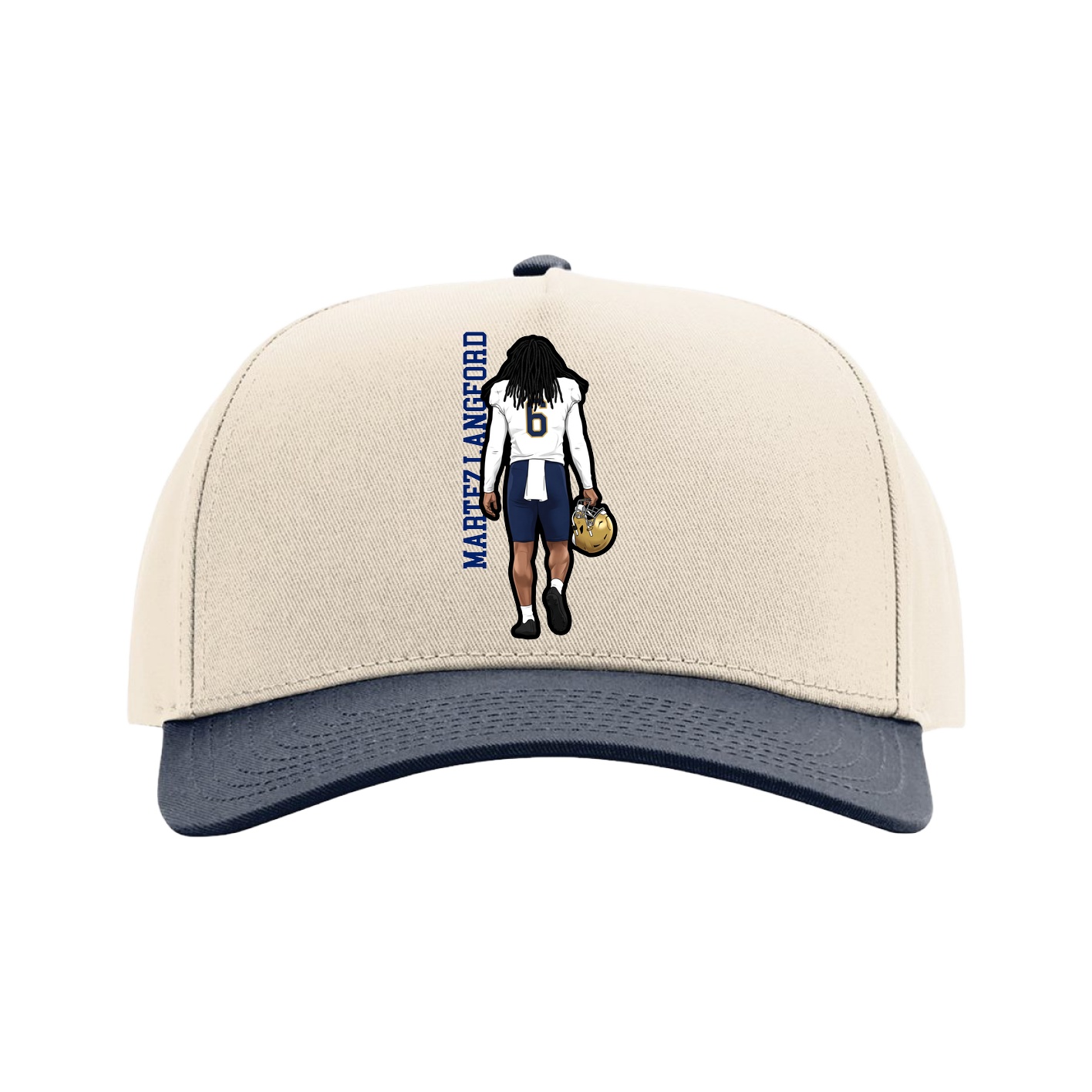 Full Fabric Five-Panel Champ Cap — Name Vertical in Cream/Navy