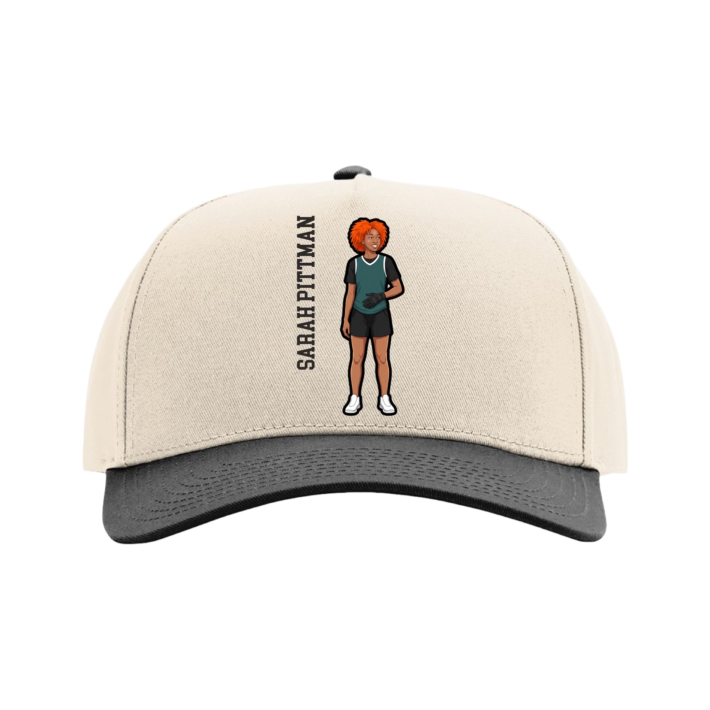 Full Fabric Five-Panel Champ Cap — Name Vertical in Cream/Black