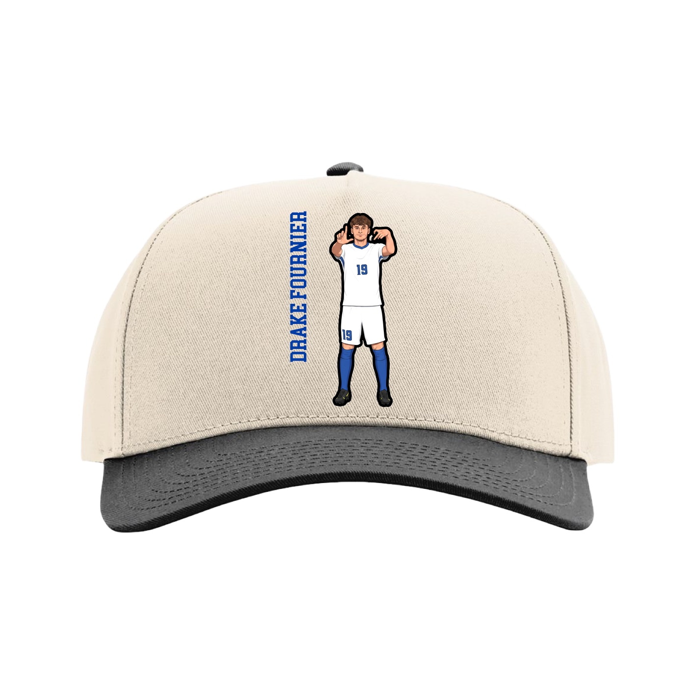 Full Fabric Five-Panel Champ Cap — Name Vertical in Cream/Black