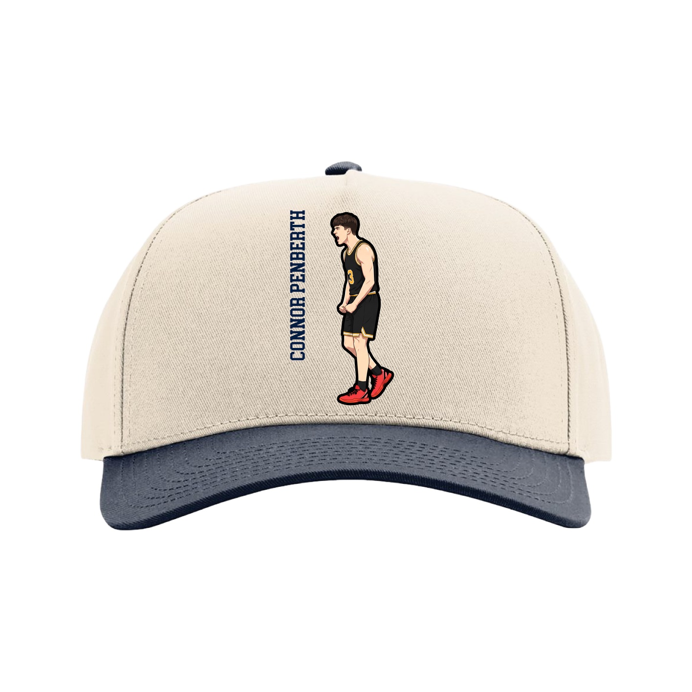 Full Fabric Five-Panel Champ Cap — Name Vertical in Cream/Navy