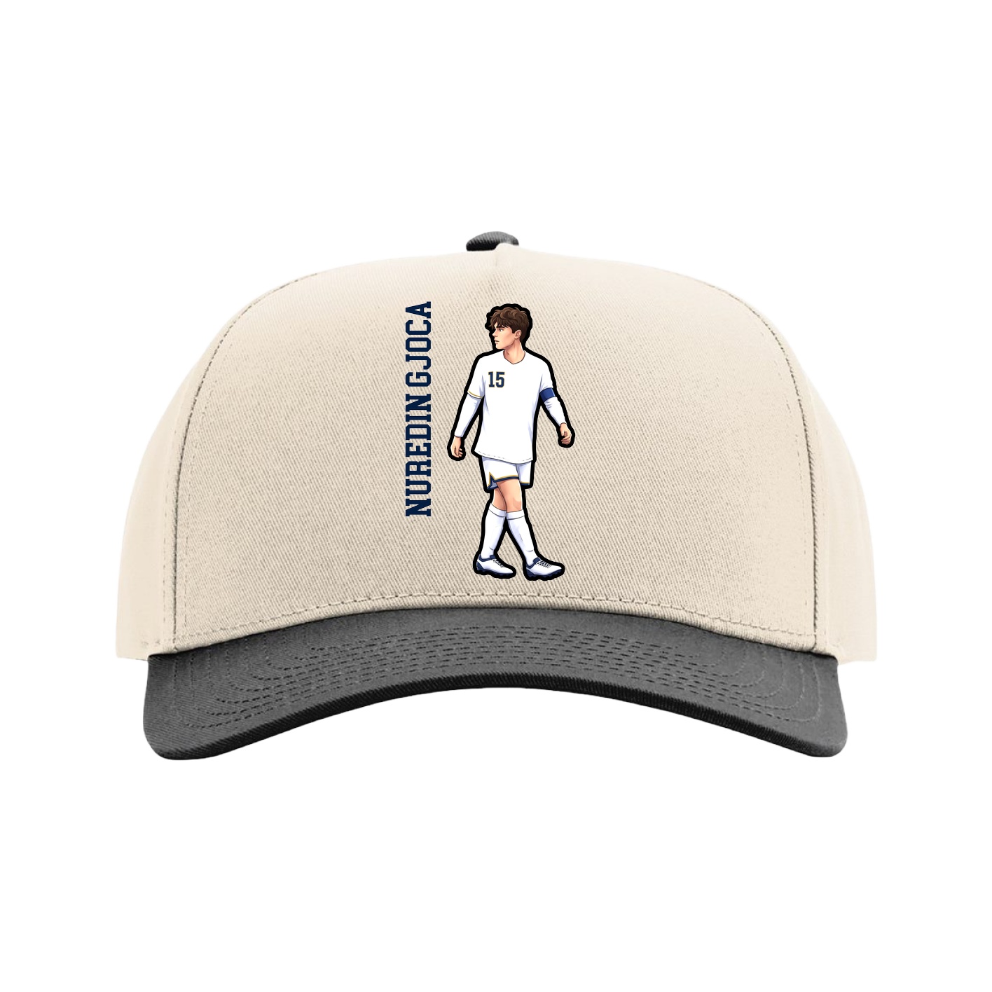 Full Fabric Five-Panel Champ Cap — Name Vertical in Cream/Black