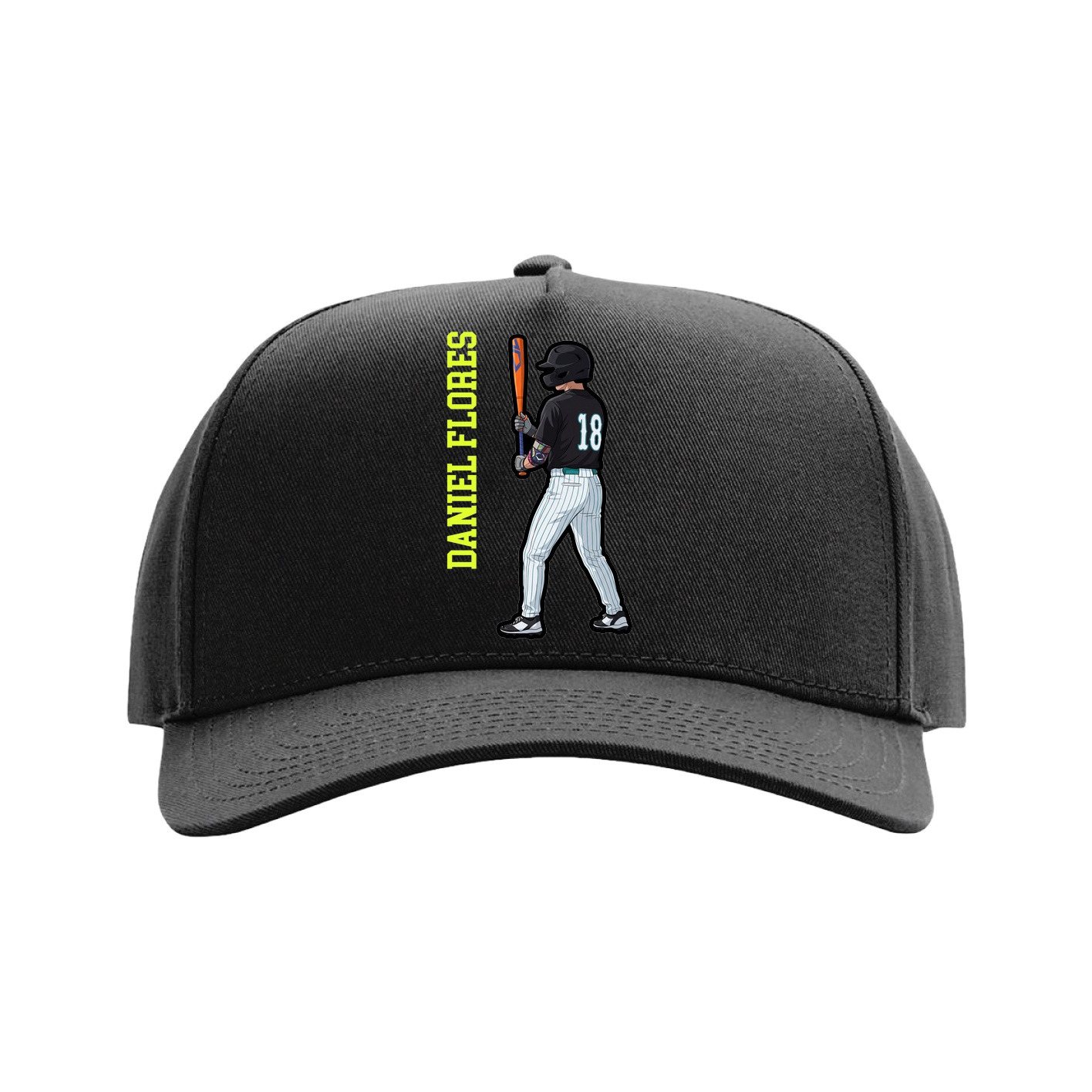 Full Fabric Five-Panel Champ Cap — Name Vertical in Black