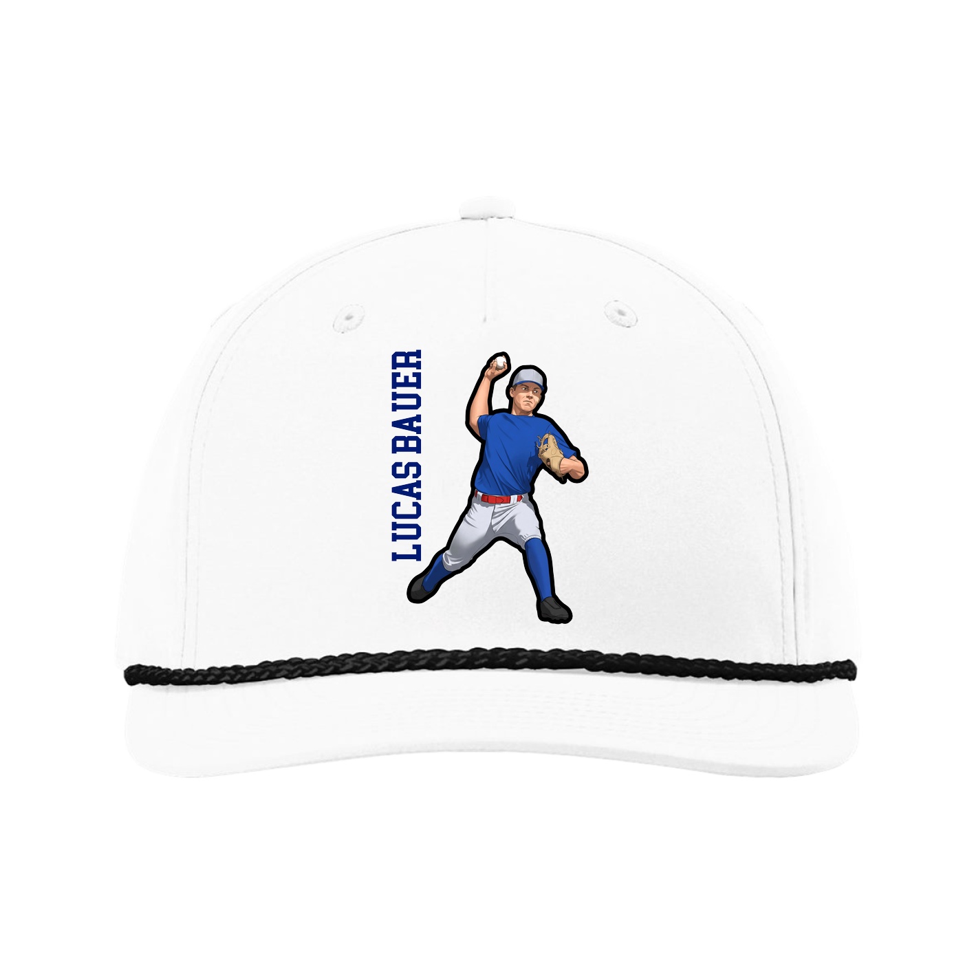 Five-Panel Classic Rope Cap — Name Vertical in White