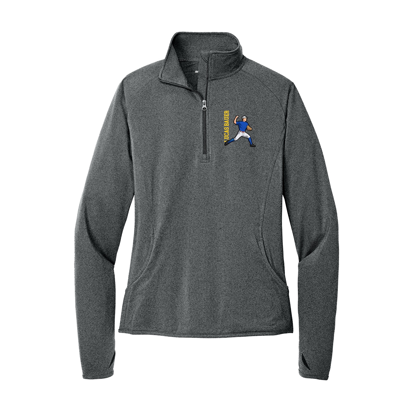 Women's Q-Zip Pullover — Name Vertical in Grey