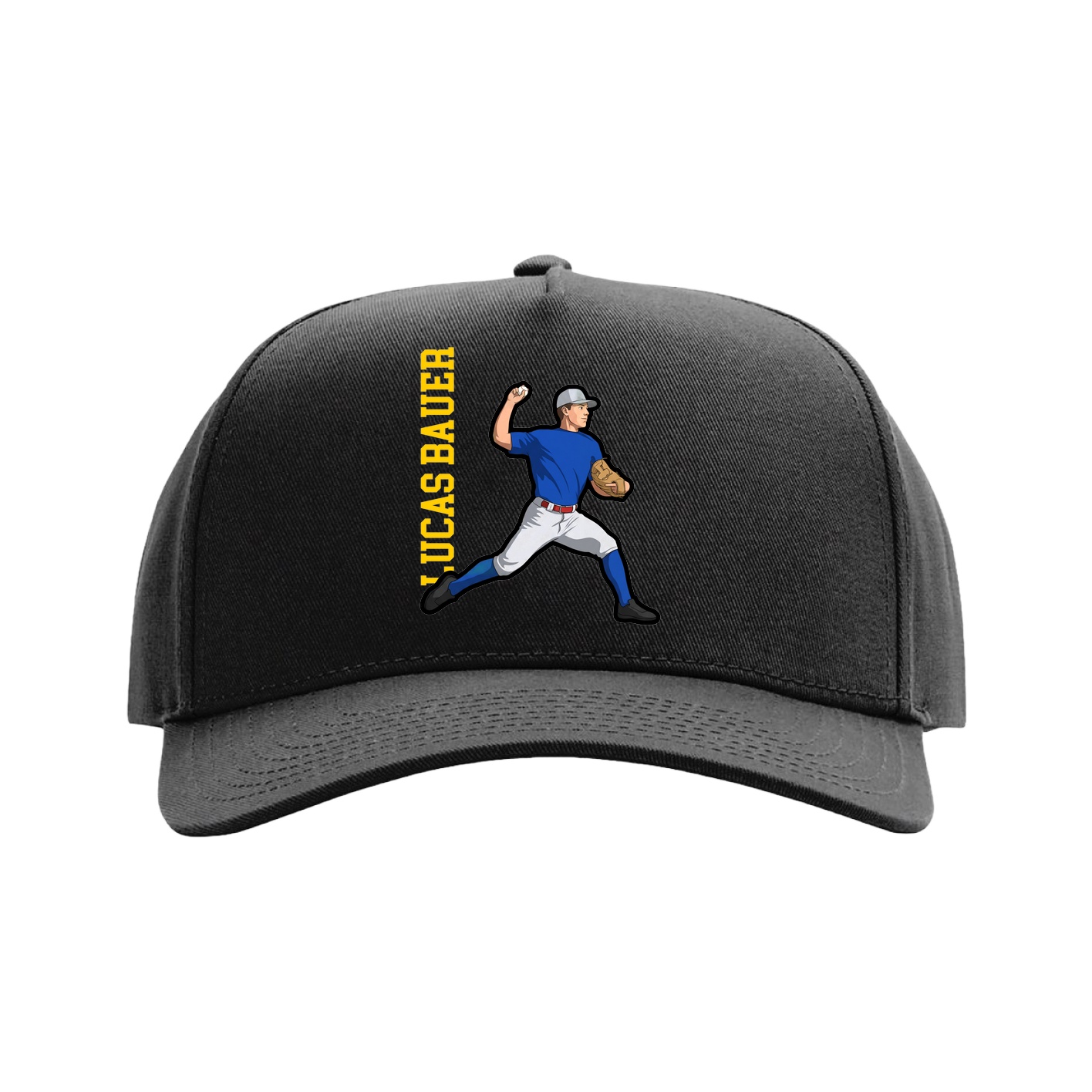 Full Fabric Five-Panel Champ Cap — Name Vertical in Black