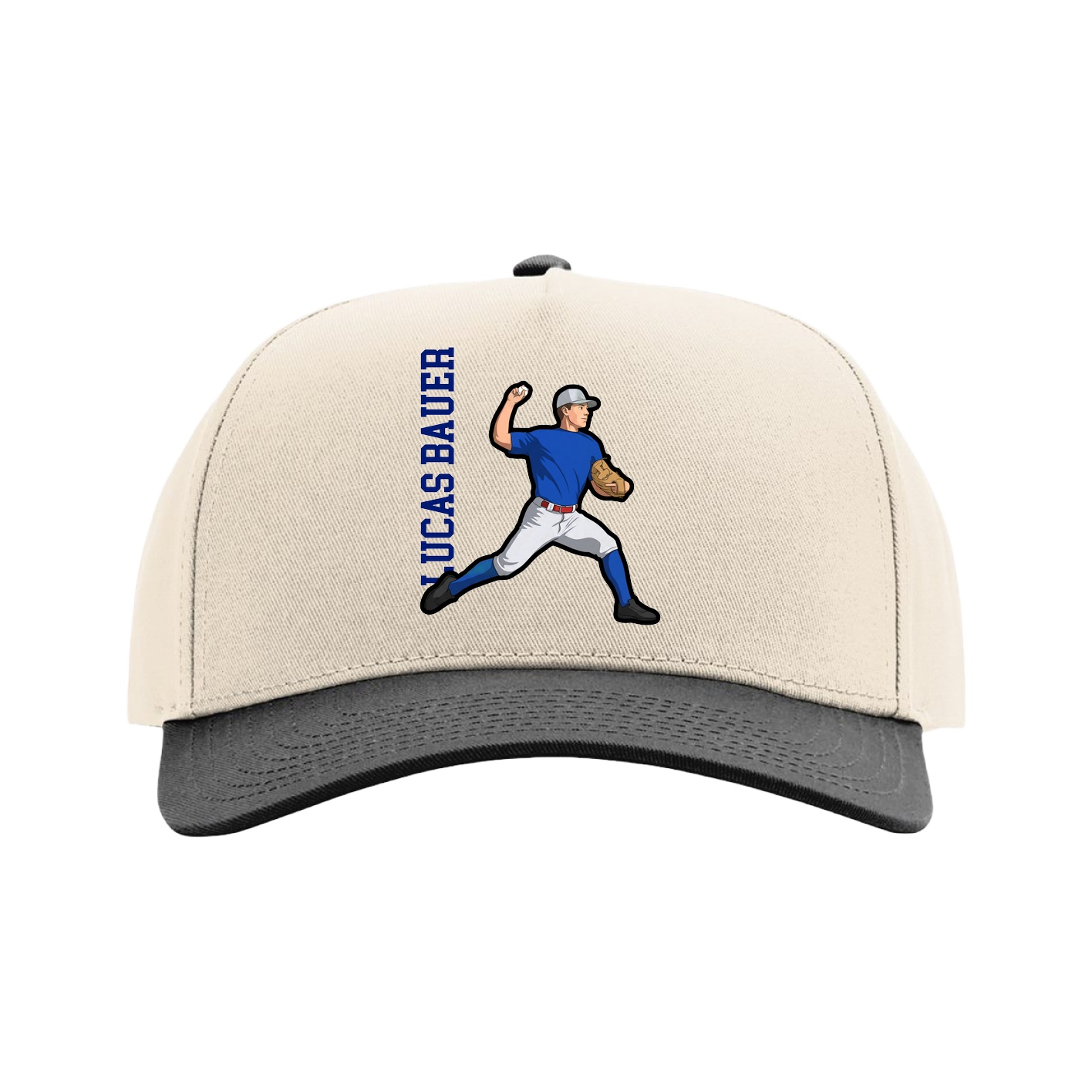 Full Fabric Five-Panel Champ Cap — Name Vertical in Cream/Black