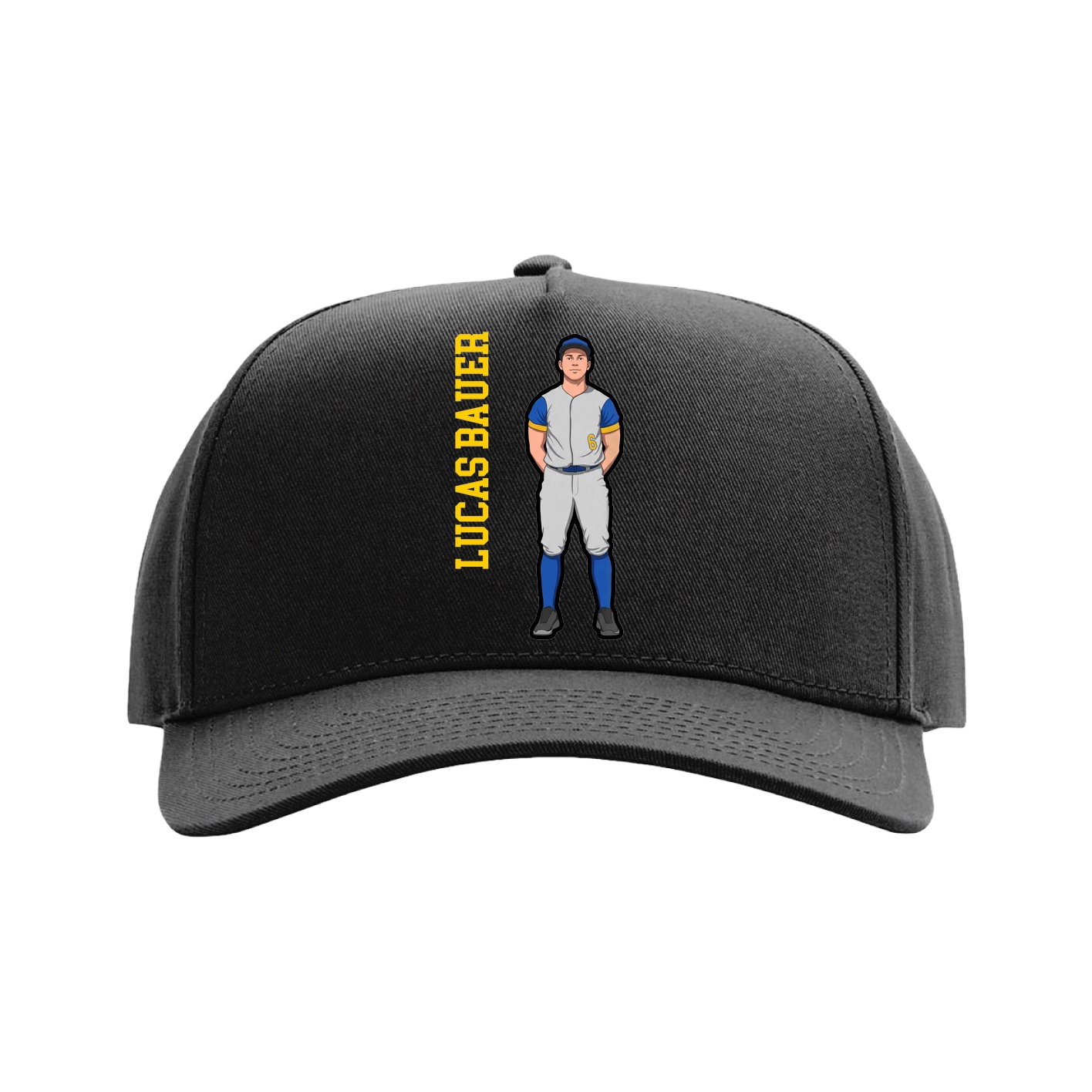 Full Fabric Five-Panel Champ Cap — Name Vertical in Black