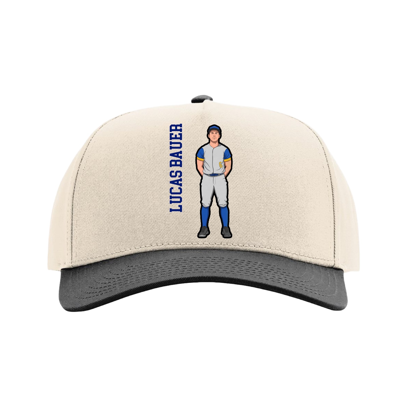 Full Fabric Five-Panel Champ Cap — Name Vertical in Cream/Black