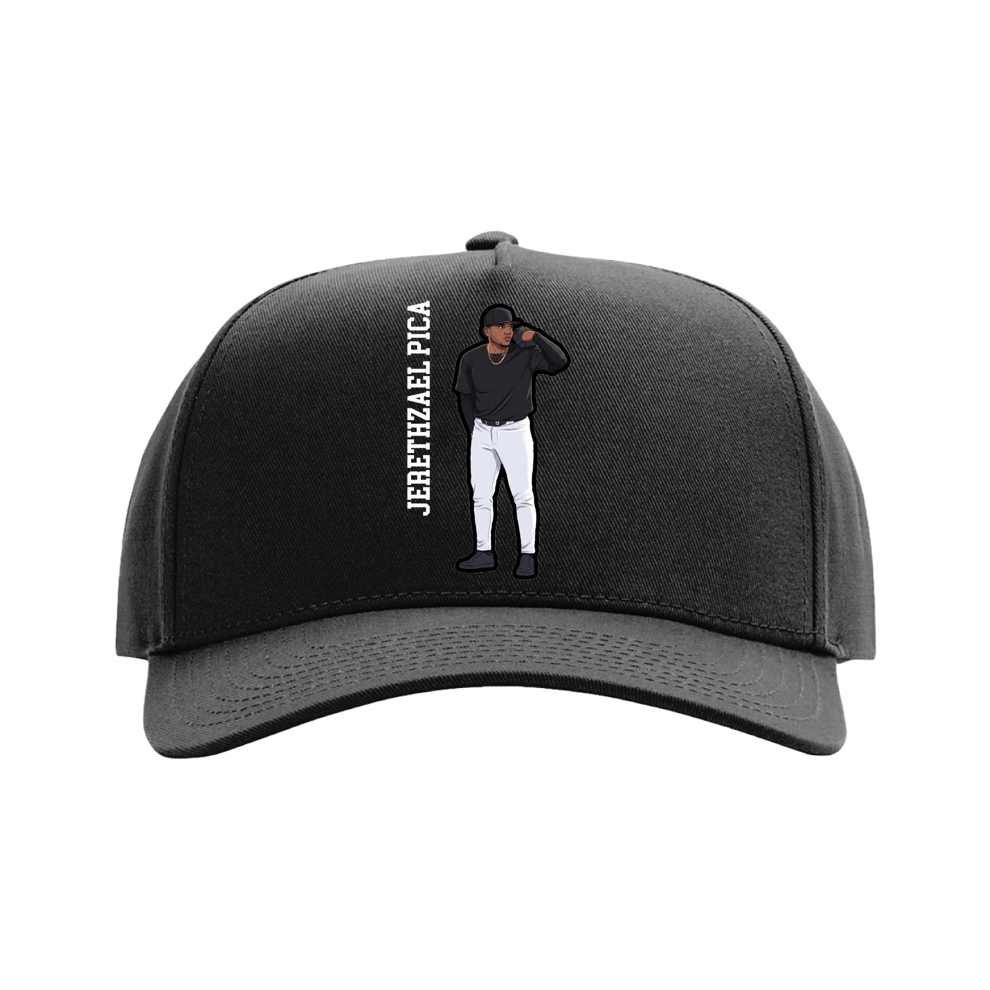 Full Fabric Five-Panel Champ Cap — Name Vertical in Black