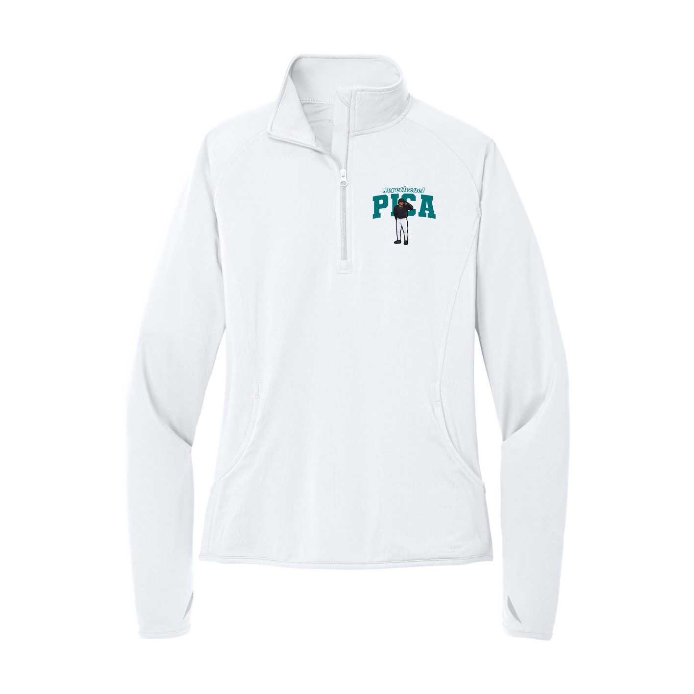 Women's Q-Zip Pullover — Name Arch in White