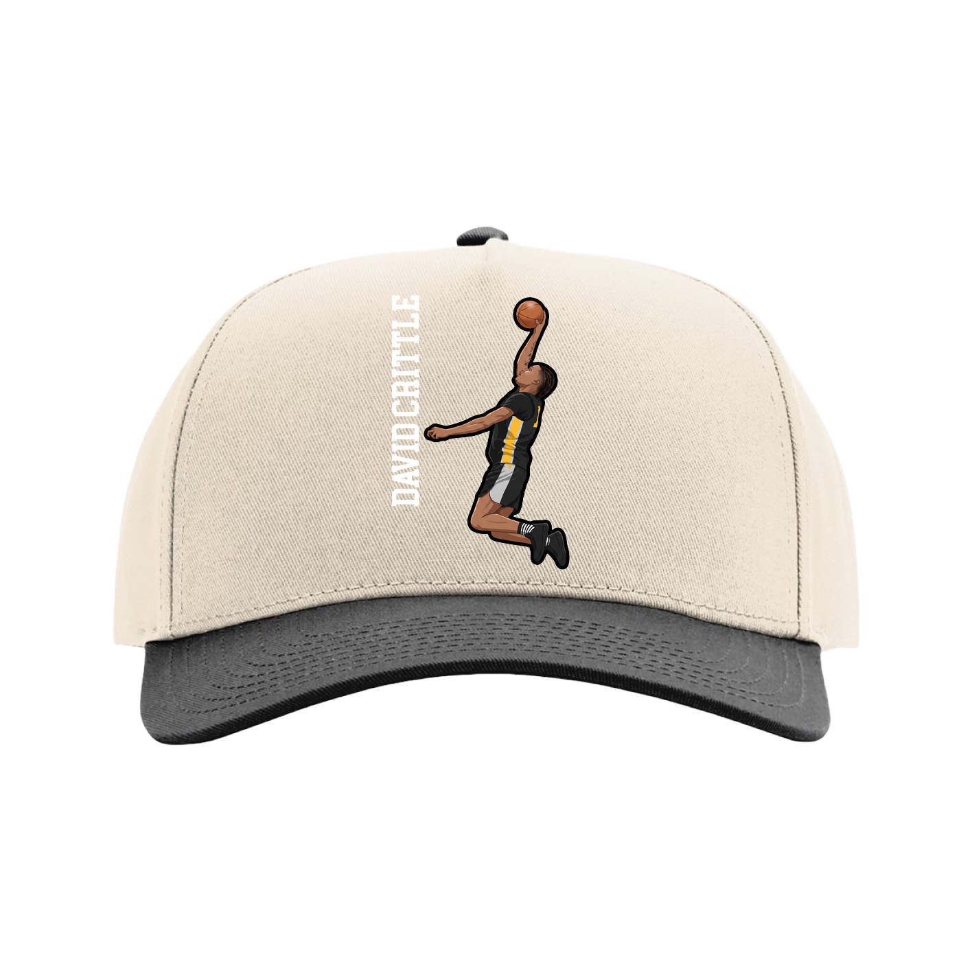 Full Fabric Five-Panel Champ Cap — Name Vertical in Cream/Black