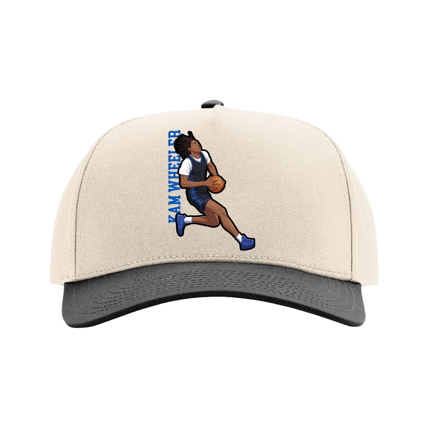 Full Fabric Five-Panel Champ Cap — Name Vertical in Cream/Black