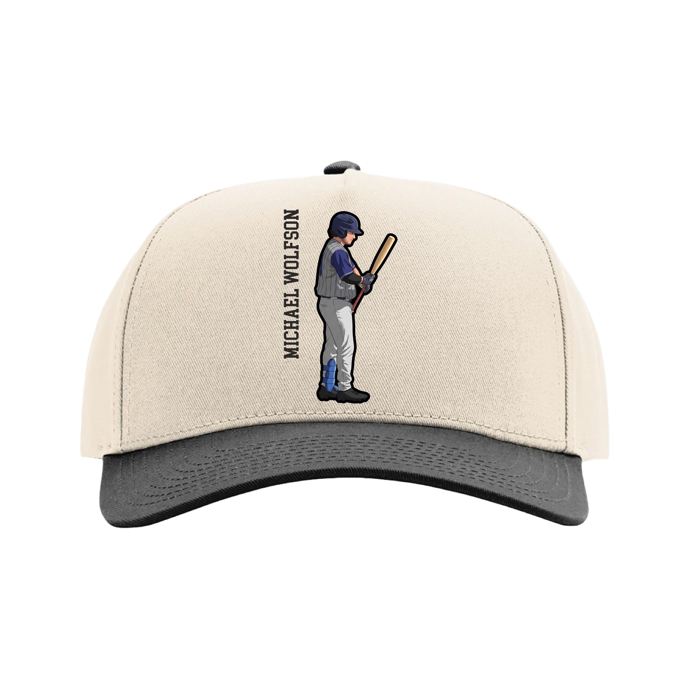 Full Fabric Five-Panel Champ Cap — Name Vertical in Cream/Black