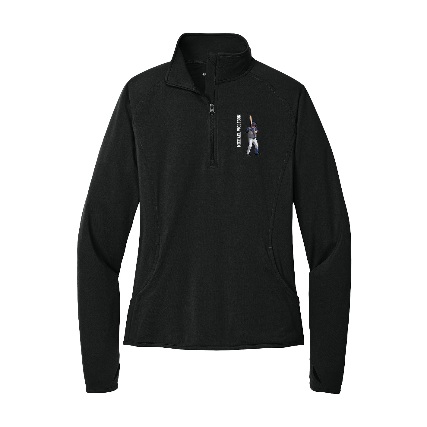 Women's Q-Zip Pullover — Name Vertical in Black