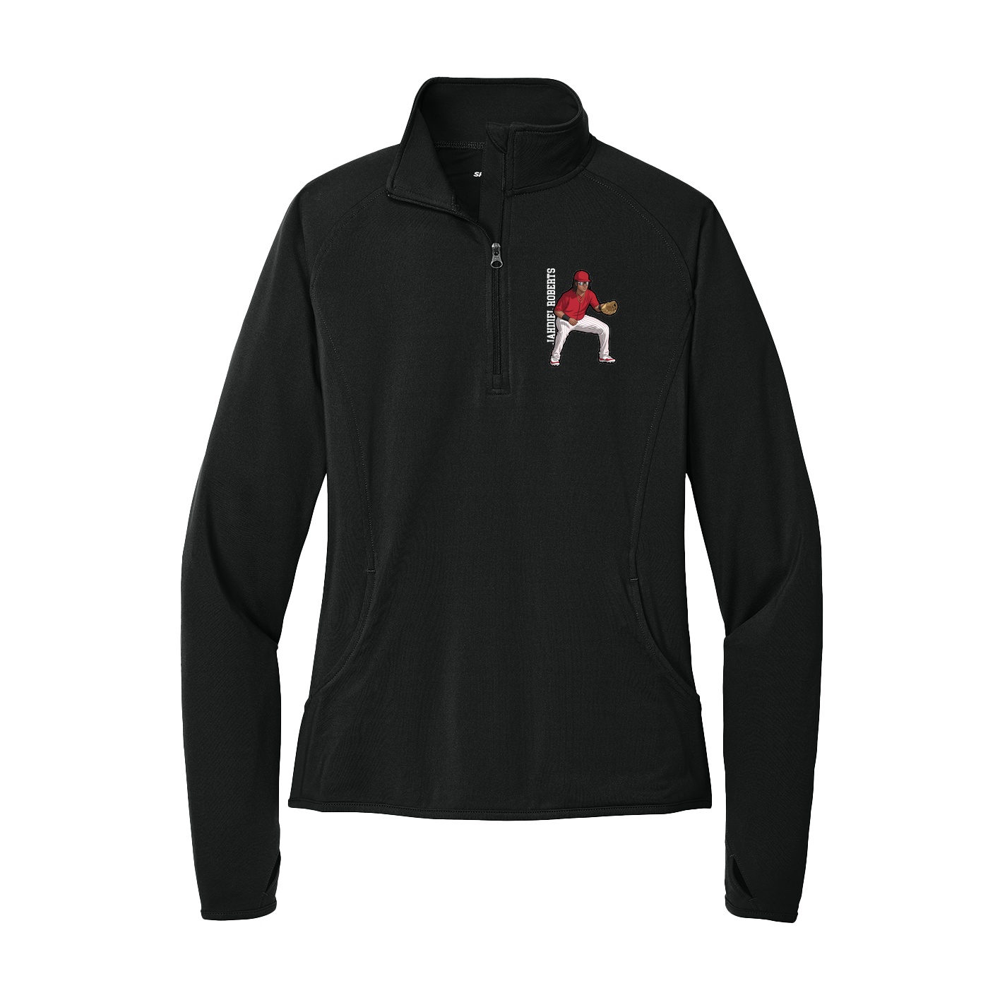 Women's Q-Zip Pullover — Name Vertical in Black