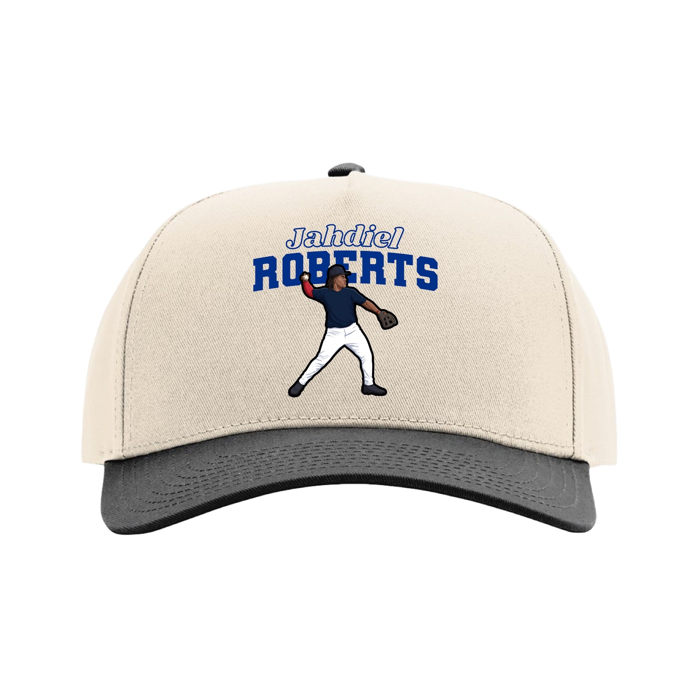 Full Fabric Five-Panel Champ Cap — Name Arch in Cream/Black