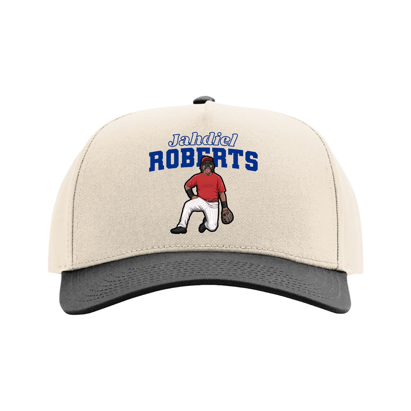 Full Fabric Five-Panel Champ Cap — Name Arch in Cream/Black