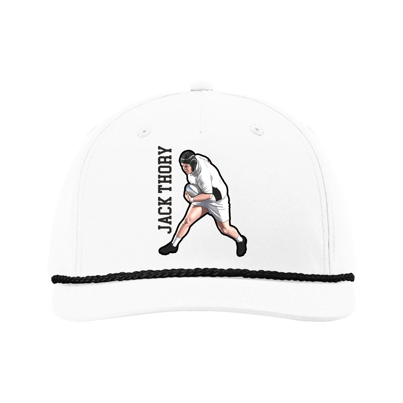 Five-Panel Classic Rope Cap — Name Vertical in White