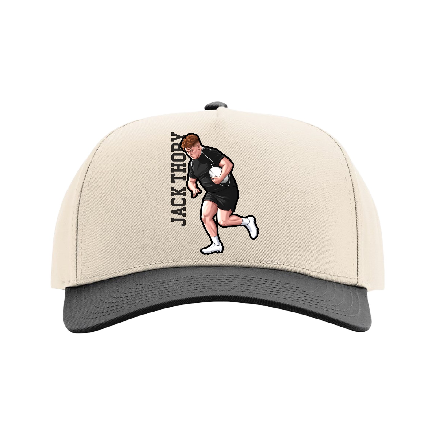 Full Fabric Five-Panel Champ Cap — Name Vertical in Cream/Black