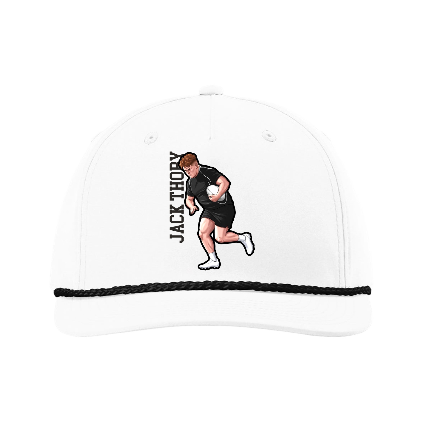 Five-Panel Classic Rope Cap — Name Vertical in White