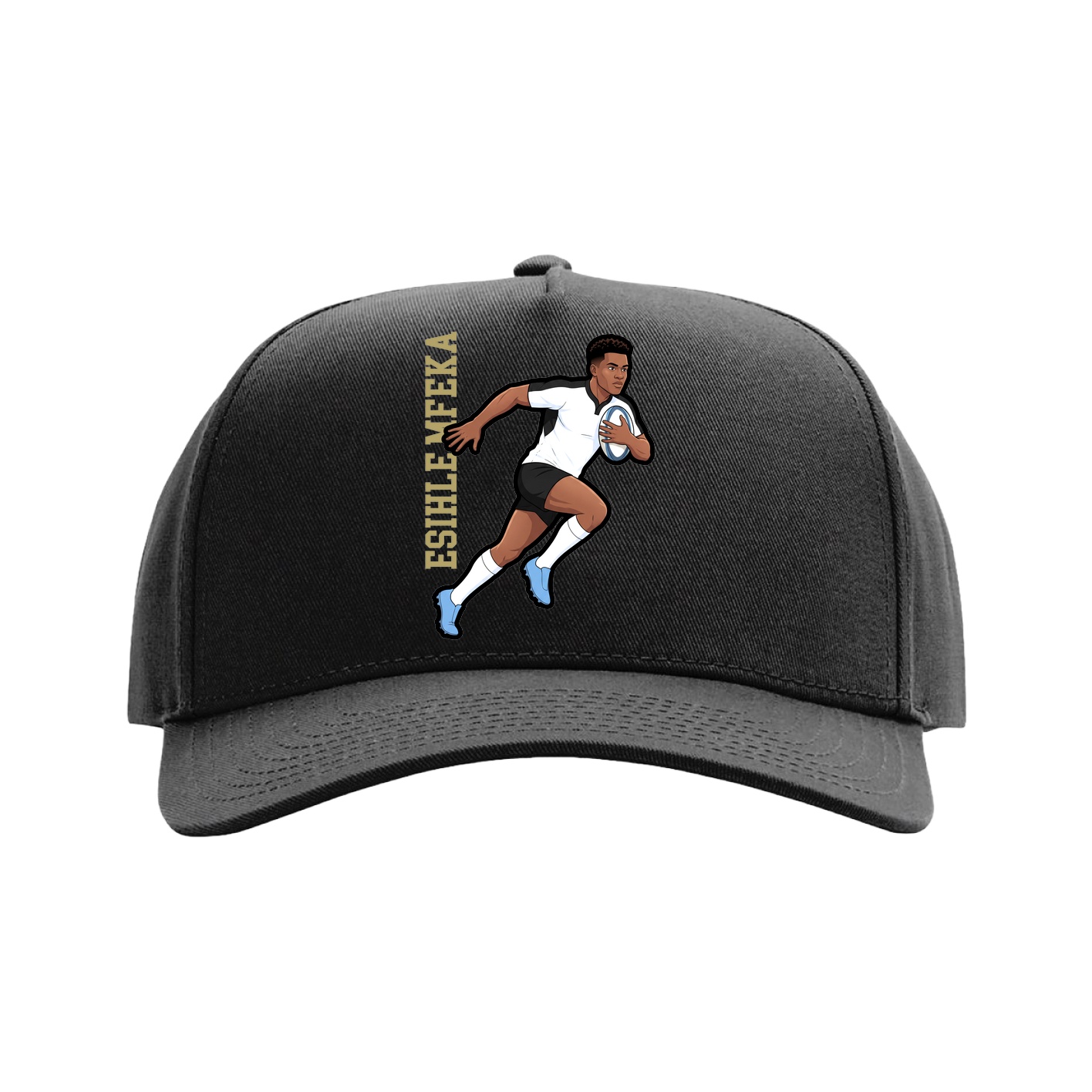 Full Fabric Five-Panel Champ Cap — Name Vertical in Black