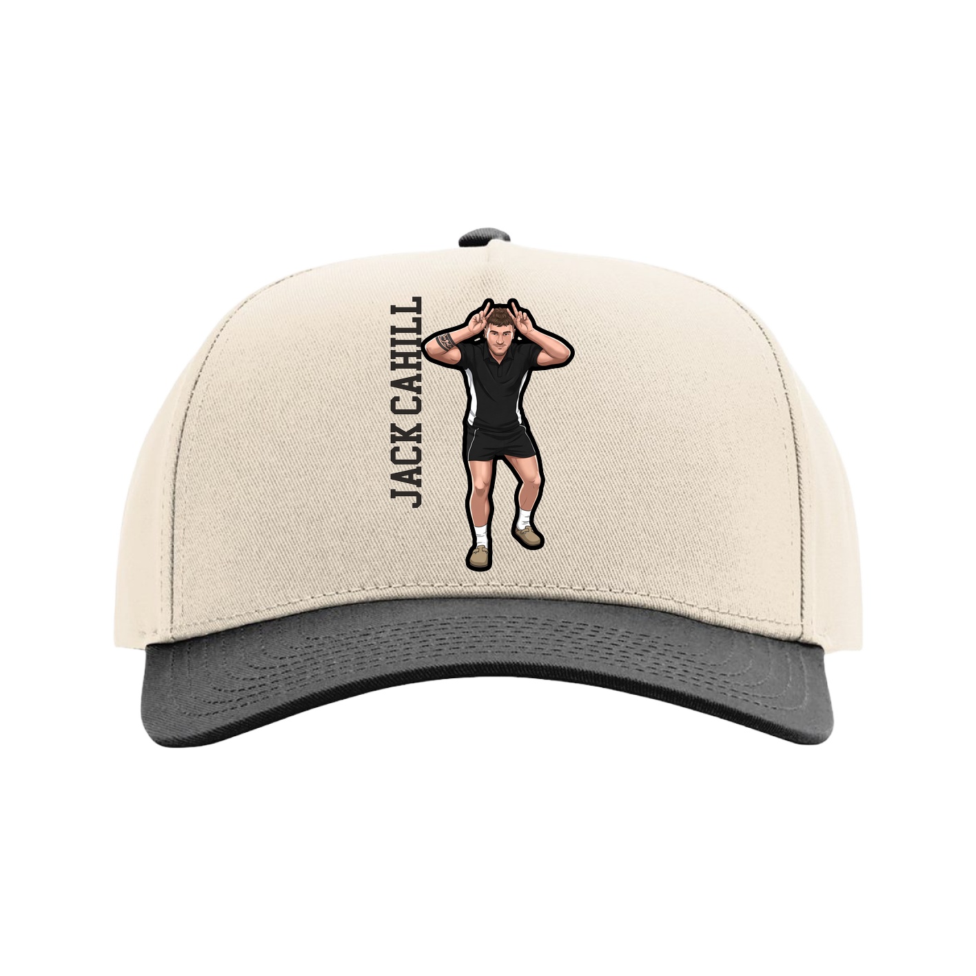 Full Fabric Five-Panel Champ Cap — Name Vertical in Cream/Black