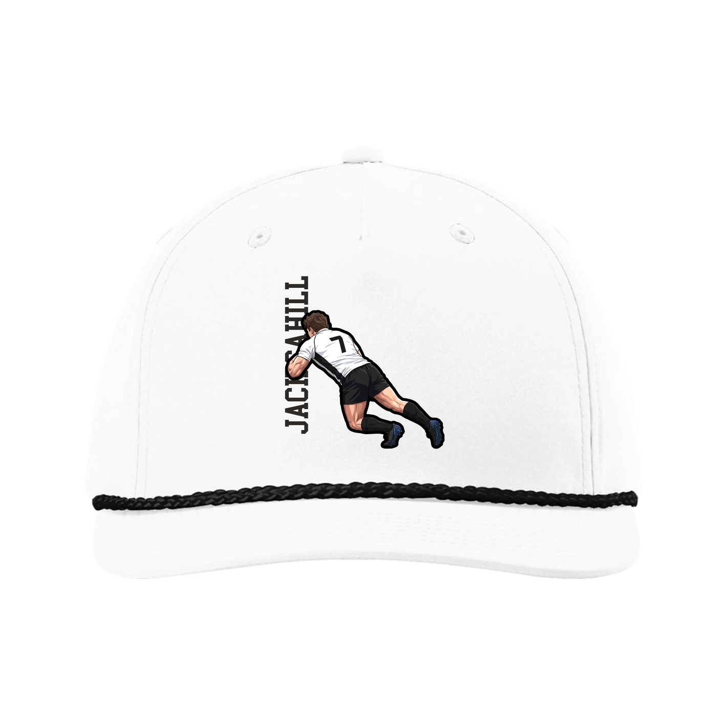 Five-Panel Classic Rope Cap — Name Vertical in White