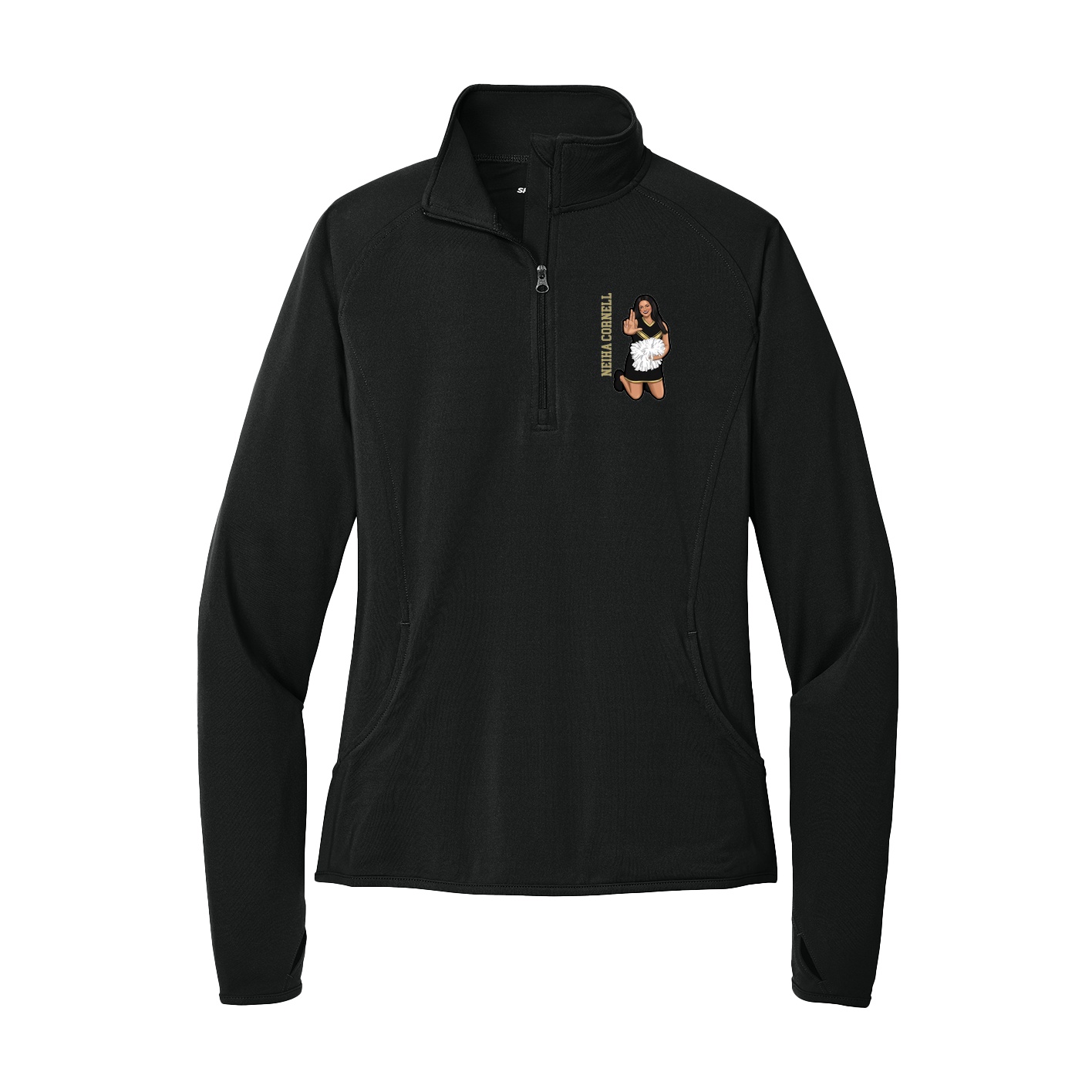 Women's Q-Zip Pullover — Name Vertical in Black