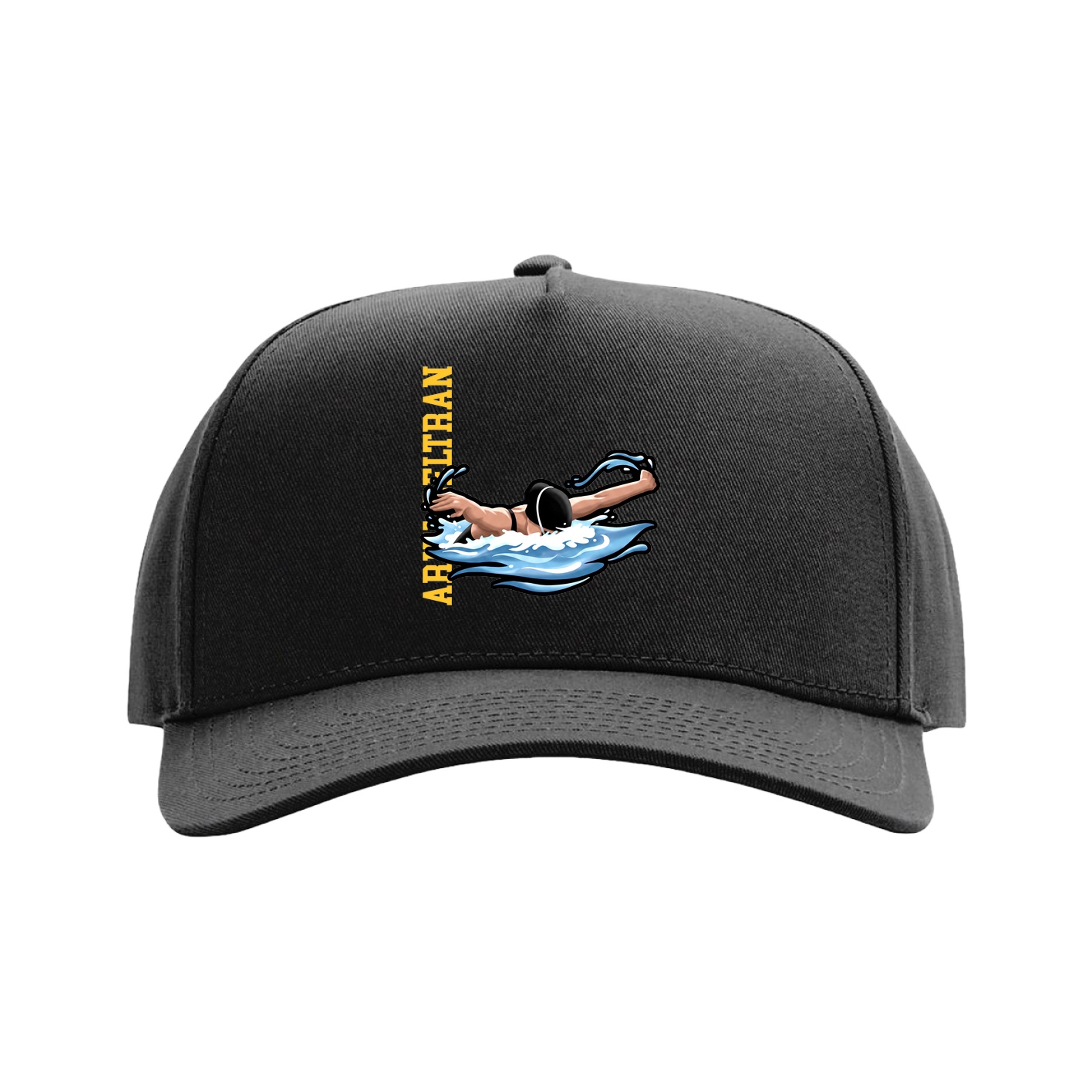 Full Fabric Five-Panel Champ Cap — Name Vertical in Black