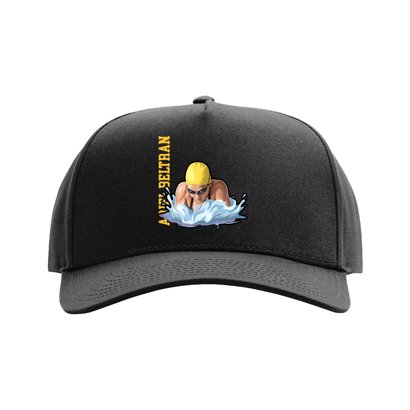 Full Fabric Five-Panel Champ Cap — Name Vertical in Black